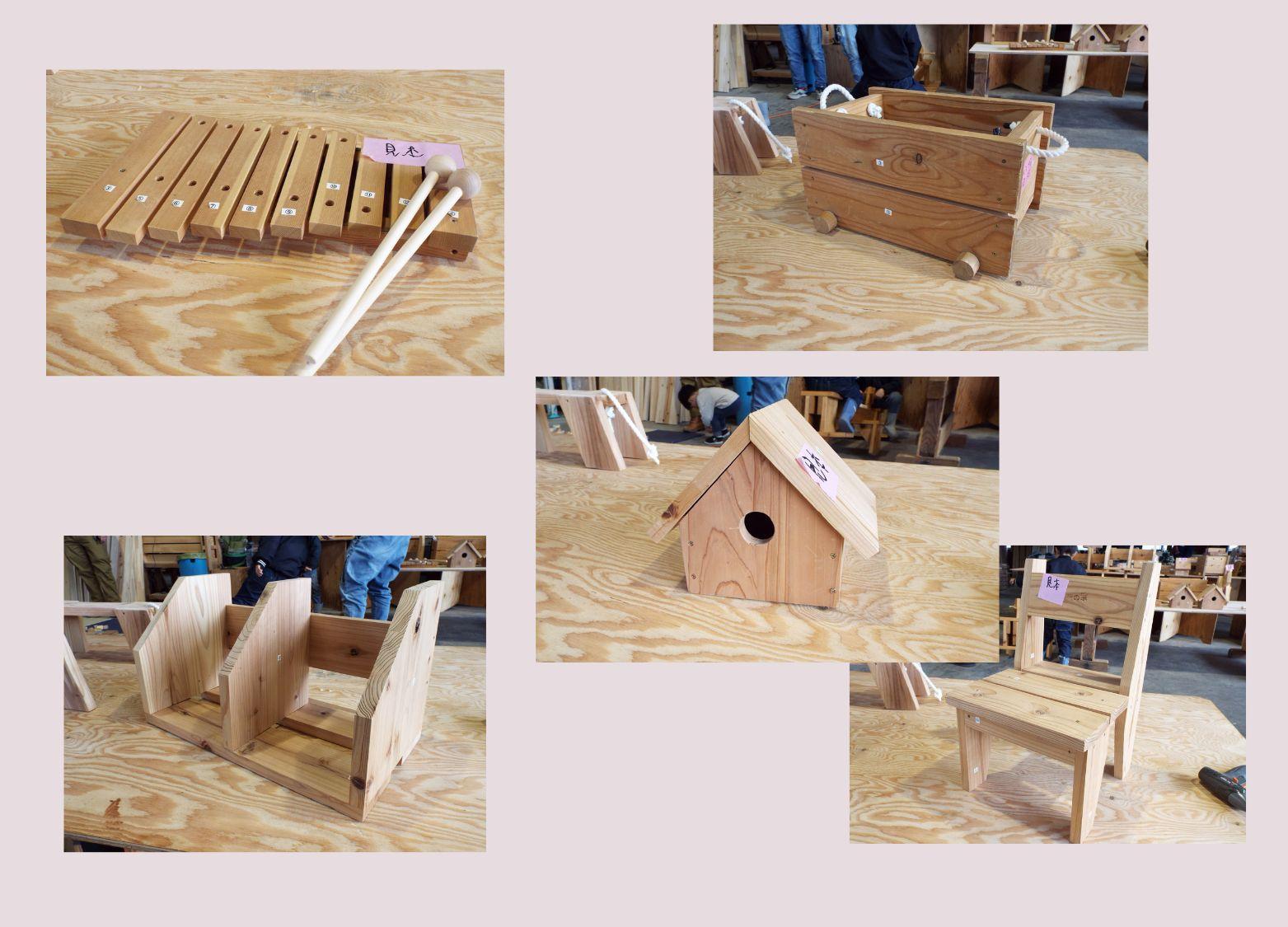 木製おもちゃ箱、木製本棚、木製の椅子、手作りの木琴